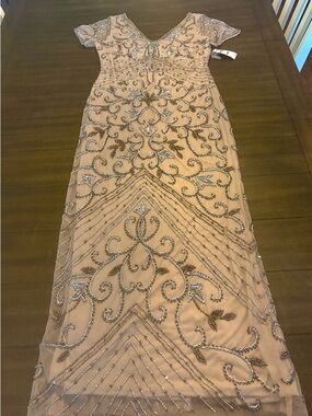 Pisarro Nights Beige Beaded Evening Gown